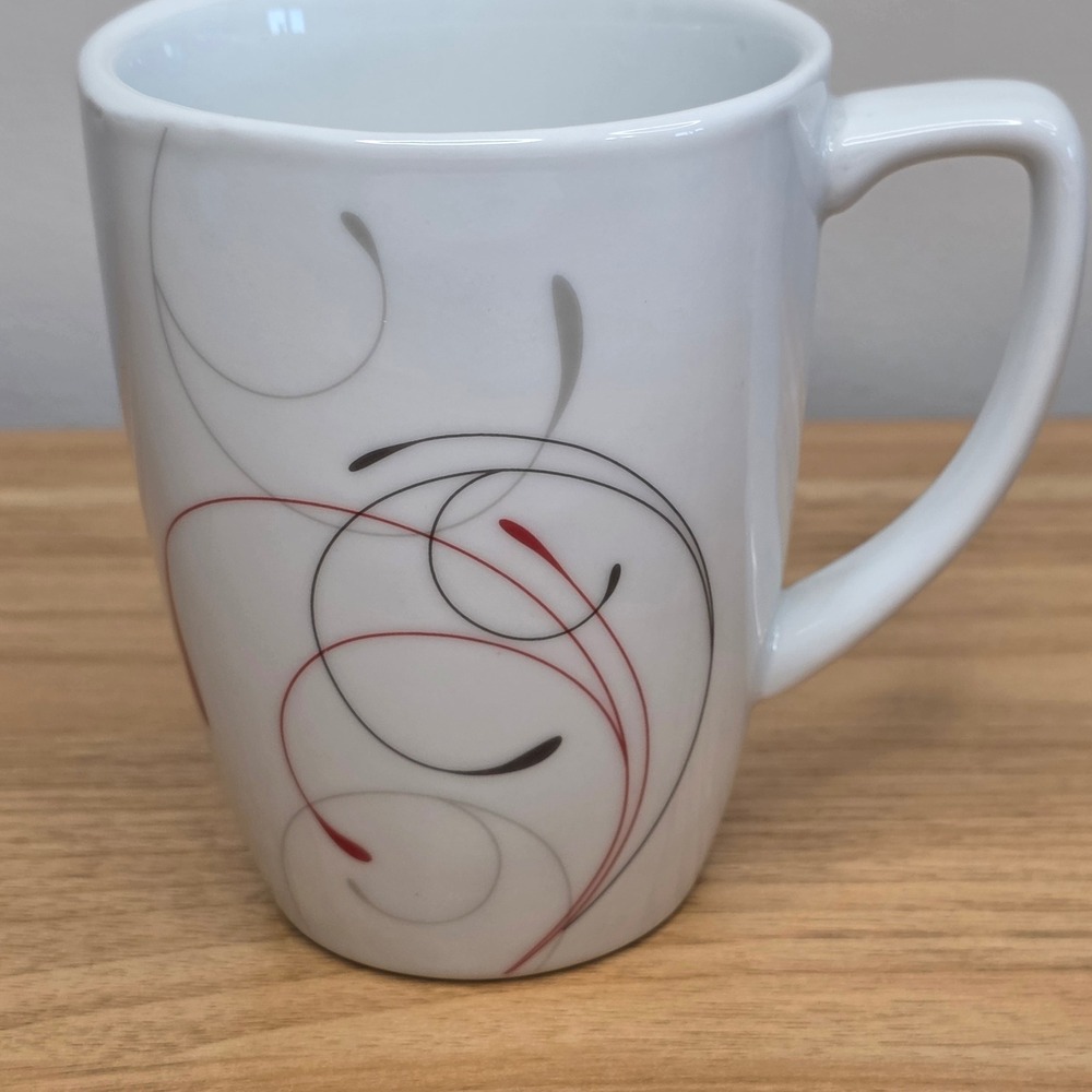 Corelle Splendor Coffee Mugs Square 4.25" 14oz Set of 4 White Red Gray Swirl - Picture 8 of 9